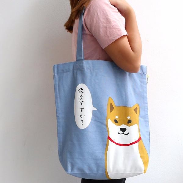 日本 柴犬 散步嗎? 手提袋 Tote bag 藍色 - SHOPTAKE 生活雜貨