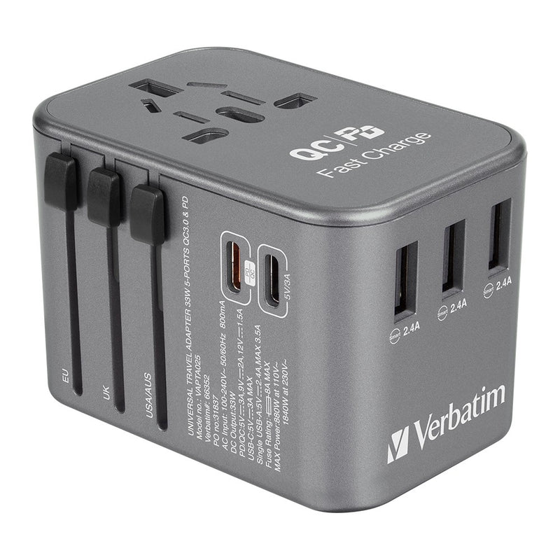Verbatim 威寶 - 5 Ports 33.5W QC3.0 & PD旅行充電器 - SHOPTAKE 生活雜貨